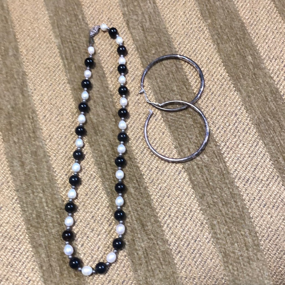 Fresh water pearls and shearling necklace and sterling loops